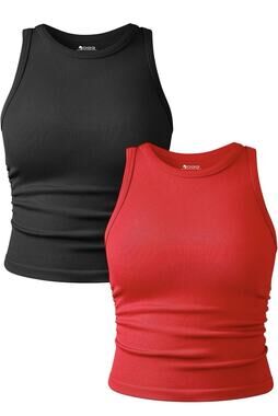 OQQ Women's 2 Piece Tank Tops Crew Neck Yoga Crop Camis Red & Black